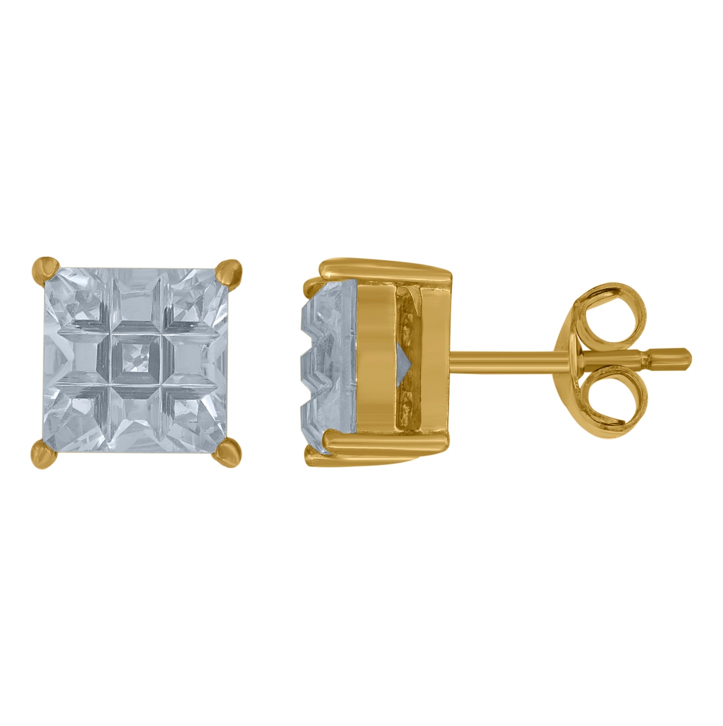 Sterling Silver Yellow-Tone Unisex Princess-Cut Cubic-Zirconia Square Stud Earrings