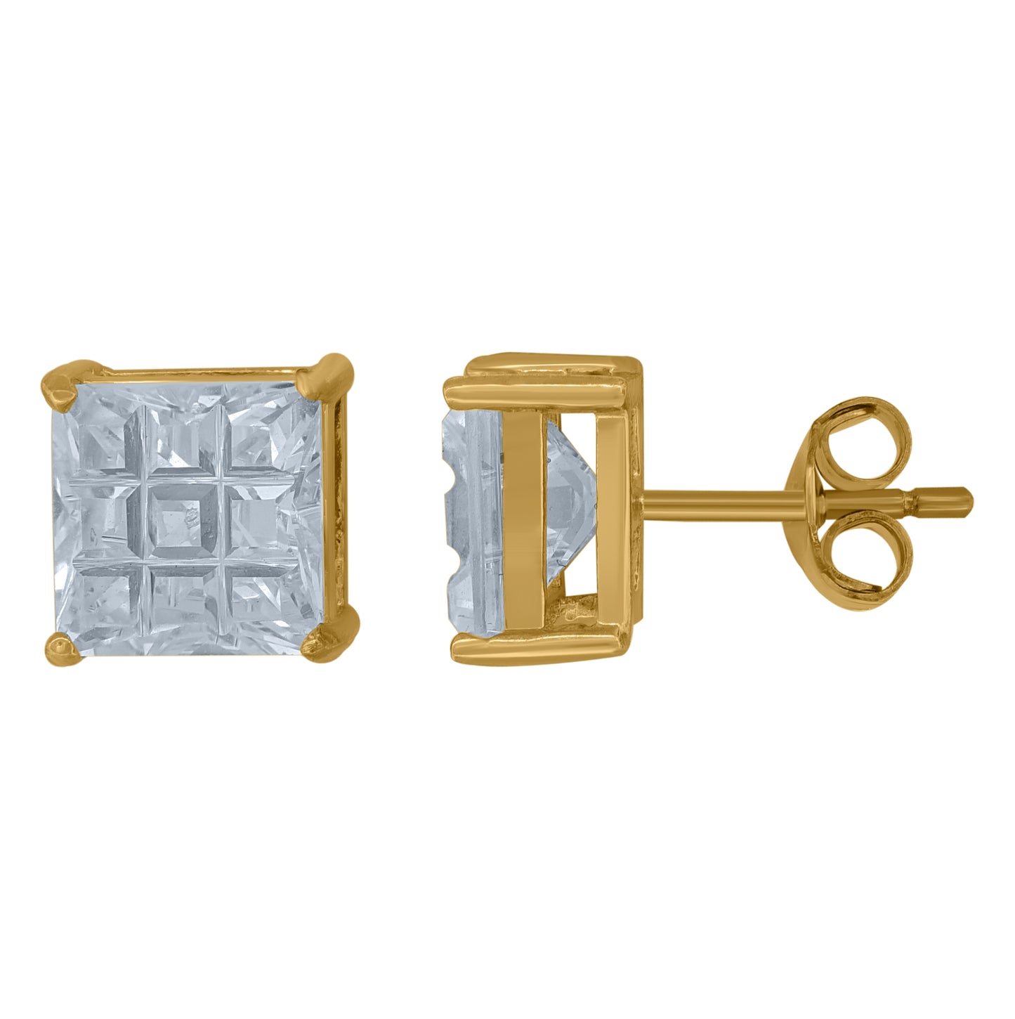 Sterling Silver Yellow-Tone Unisex Princess-Cut Cubic-Zirconia Square Stud Earrings