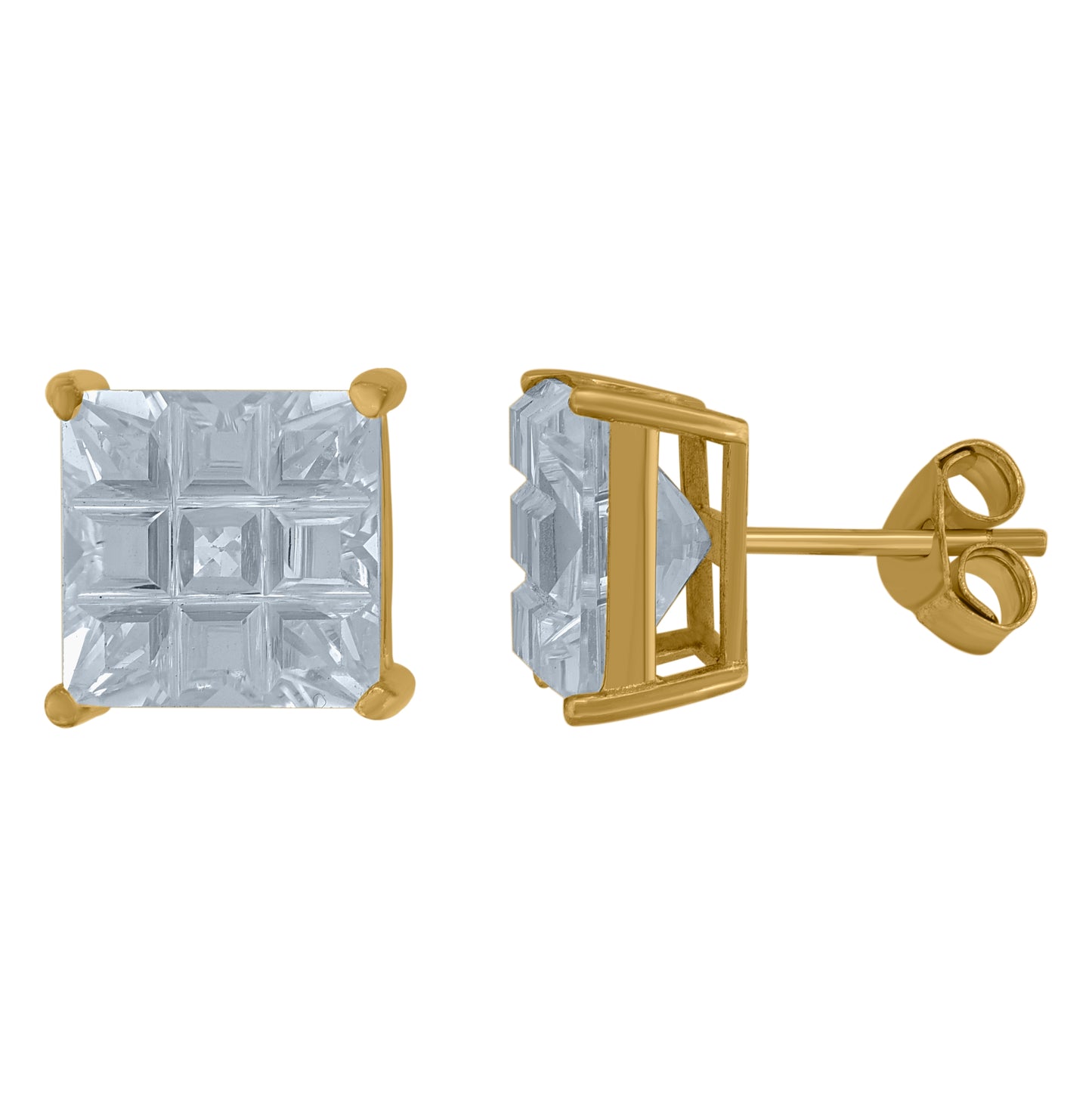 Sterling Silver Yellow-Tone Unisex Princess-Cut Cubic-Zirconia Square Stud Earrings