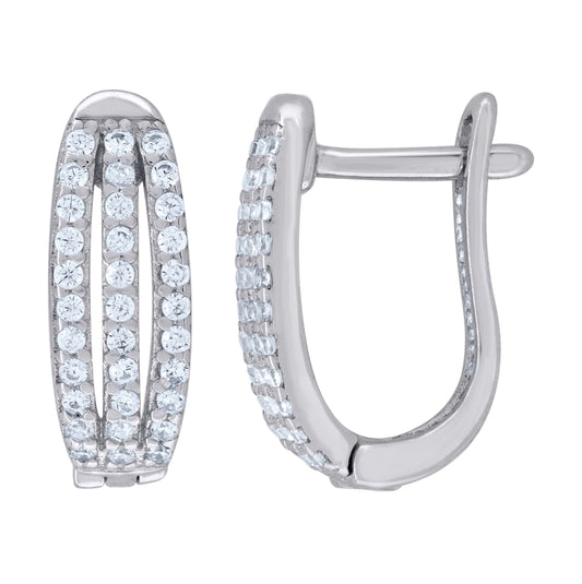 Sterling Silver Womens Cubic Zirconia Triple Row Huggie Hoop Earrings