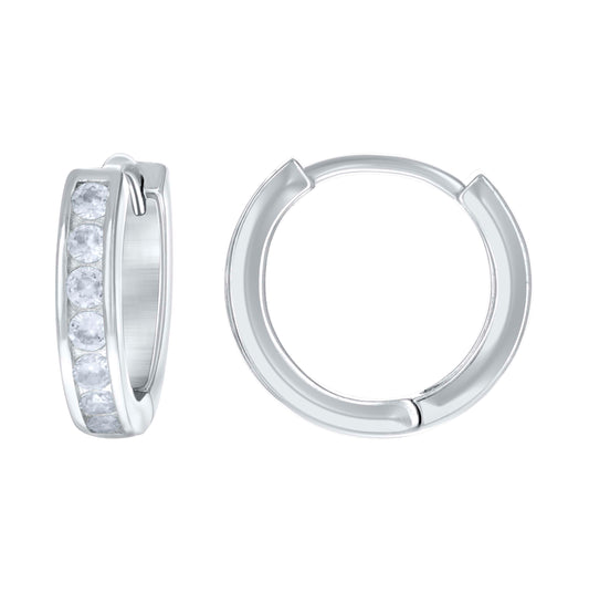 Sterling Silver Womens Cubic Zirconia Single Row Huggie Hoop Earrings