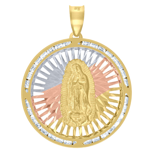 10K Tri-Color Gold Unisex Cubic-Zirconia Diamond-Cut Lady Of Guadalupe Religious Charm Pendant