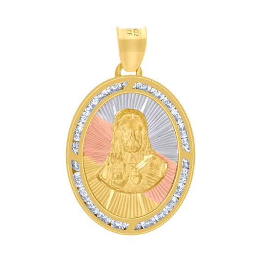 10K Tri-Color Gold Unisex Cubic-Zirconia Textured Sacred Heart Of Jesus Religious Oval Charm Pendant