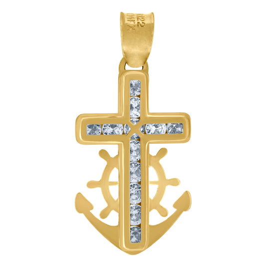 10K Yellow Gold Unisex Cubic-Zirconia Polished Finish Anchor Cross Religious Charm Pendant