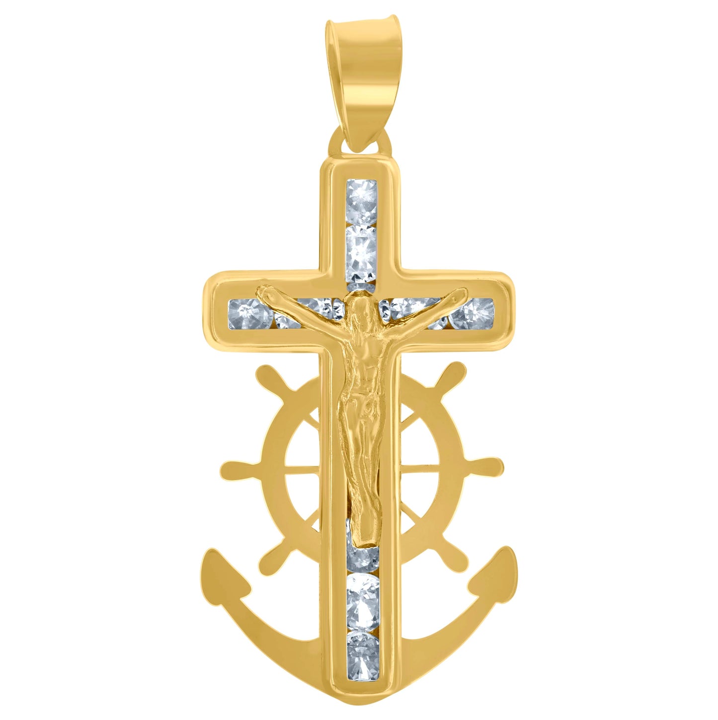 10K Yellow Gold Unisex Cubic-Zirconia Polished Finish Crucifix Anchor Religious Charm Pendant