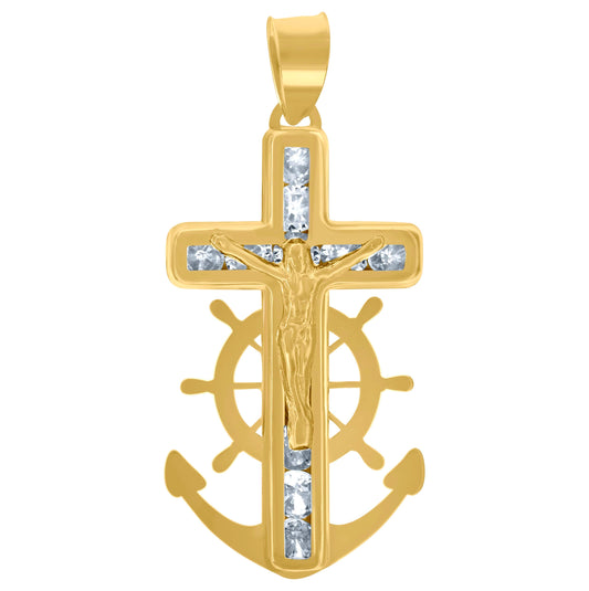 10K Yellow Gold Unisex Cubic-Zirconia Polished Finish Crucifix Anchor Religious Charm Pendant