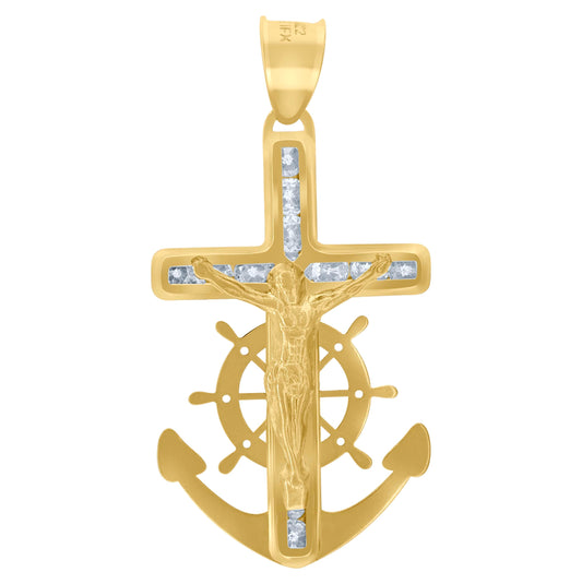 10K Yellow Gold Unisex Cubic-Zirconia Textured Crucifix Anchor Religious Charm Pendant