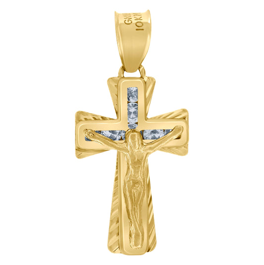 10K Yellow Gold Unisex Cubic-Zirconia Textured Crucifix Cross Religious Charm Pendant