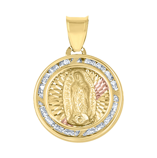 10K Tri-Color Gold Unisex Cubic-Zirconia Diamond-Cut Lady Of Guadalupe Religious Charm Pendant