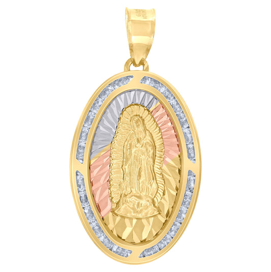 10K Tri-Color Gold Unisex Cubic-Zirconia Diamond-Cut Lady Of Guadalupe Religious Oval Charm Pendant