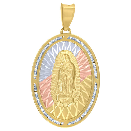 10K Tri-Color Gold Unisex Cubic Zirconia Diamond-Cut Lady Of Guadalupe Religious Charm Pendant