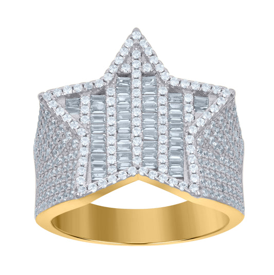 Sterling Silver Yellow-Tone Mens Baguette Cubic-Zirconia Star Pinky Bridal Anniversary Wedding Engagement Band Ring Sizes 8 To 12