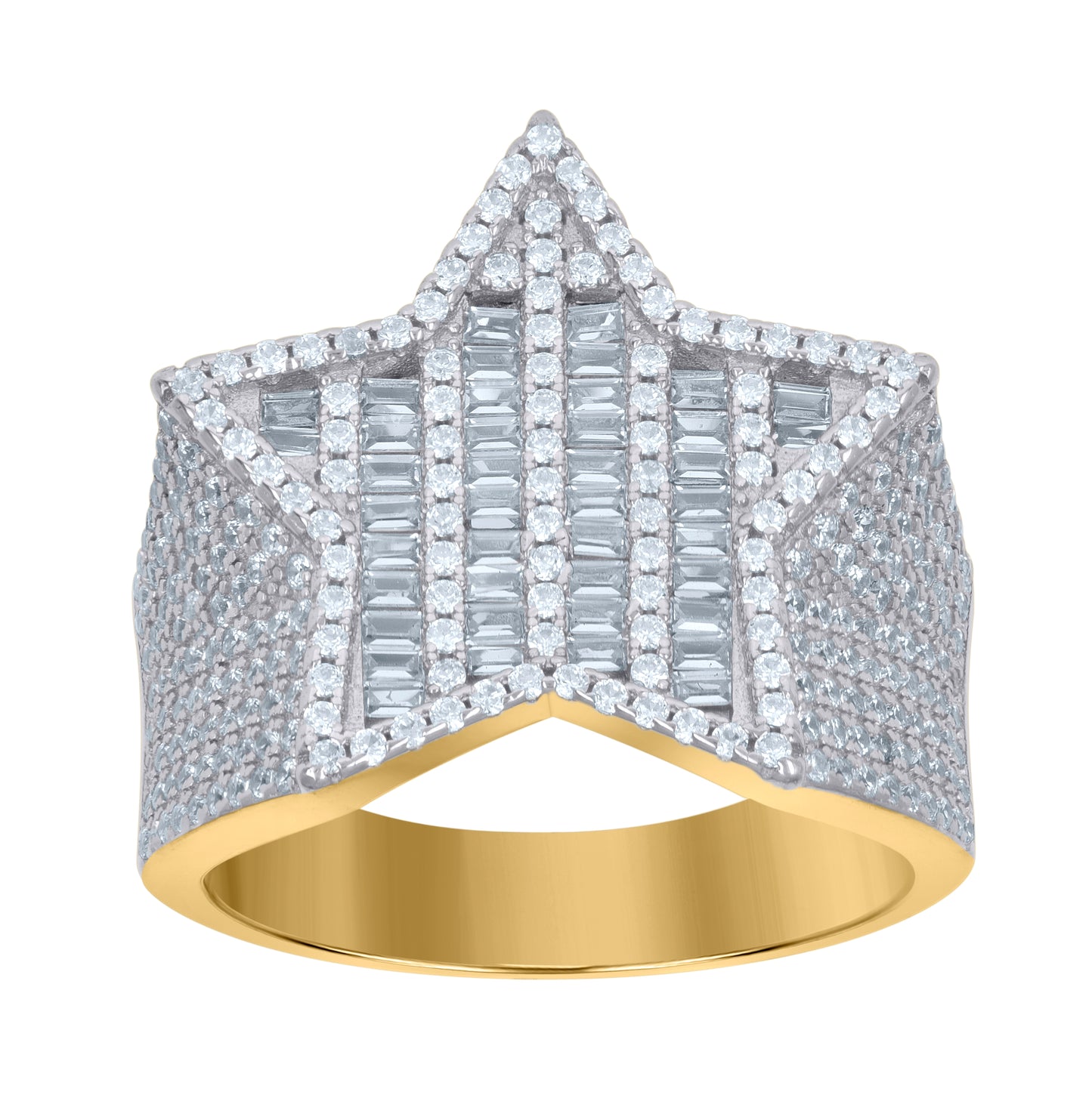 Sterling Silver Yellow-Tone Mens Baguette Cubic-Zirconia Star Pinky Bridal Anniversary Wedding Engagement Band Ring Sizes 8 To 12