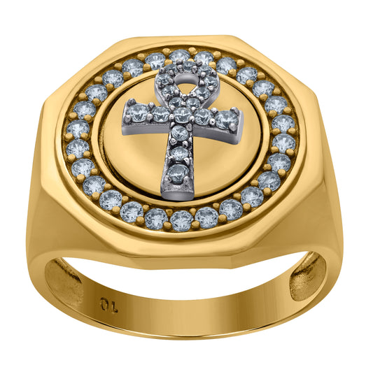 10K Two-Tone Gold Mens Cubic Zirconia Ankh Cross Egyptian Religious Ring