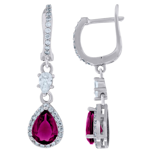 Sterling Silver Womens Red Cubic Zirconia Round Dangle Earrings