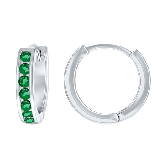 Sterling Silver Womens Green Cubic Zirconia Single Row Huggie Hoop Earrings
