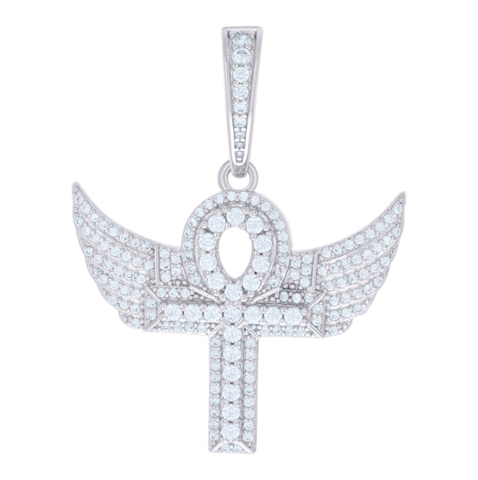 Sterling Silver Mens Cubic-Zirconia Egyptian Flying Ankh Cross Religious Charm Pendant