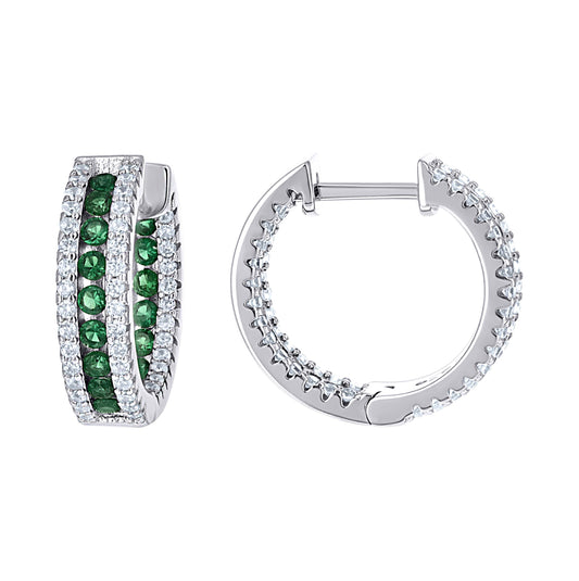 Sterling Silver Womens Green White Cubic-Zirconia Fashion Hoop Earrings
