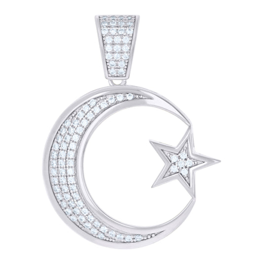 Sterling Silver Mens Cubic Zirconia Celestial Moon Star Charm Pendant