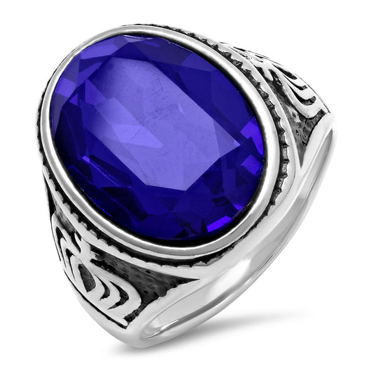 Stainless Steel Mens Oval Blue Cubic-Zirconia Sizes 9 - 12 Comfort-fit Bridal Anniversary Wedding Engagement Band Ring