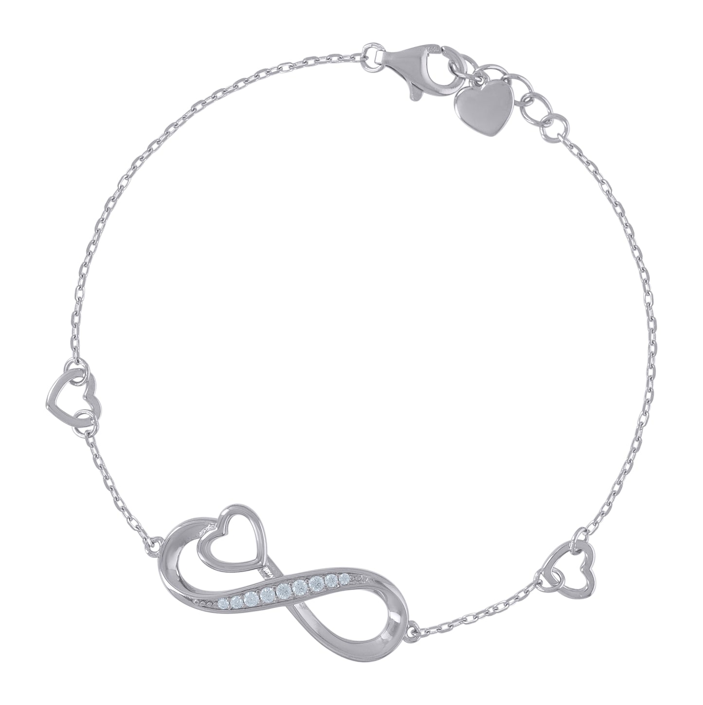 Sterling Silver Womens Cubic Zirconia Rolo Link Infinity Heart Bracelet