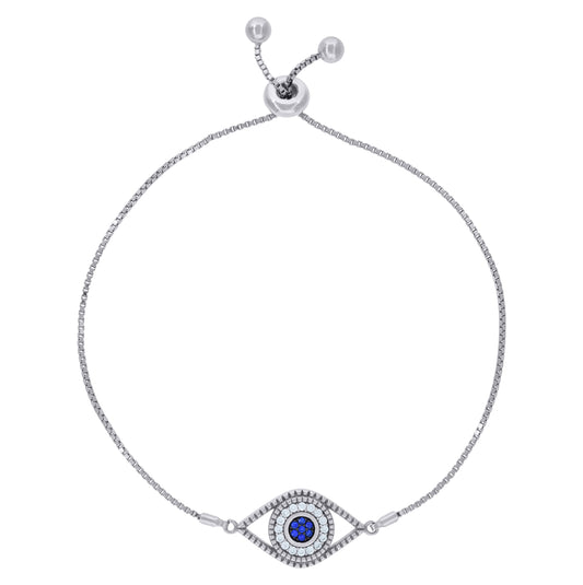 Sterling Silver Womens Blue & White Cubic Zirconia Box Chain Evil Eye Bracelet