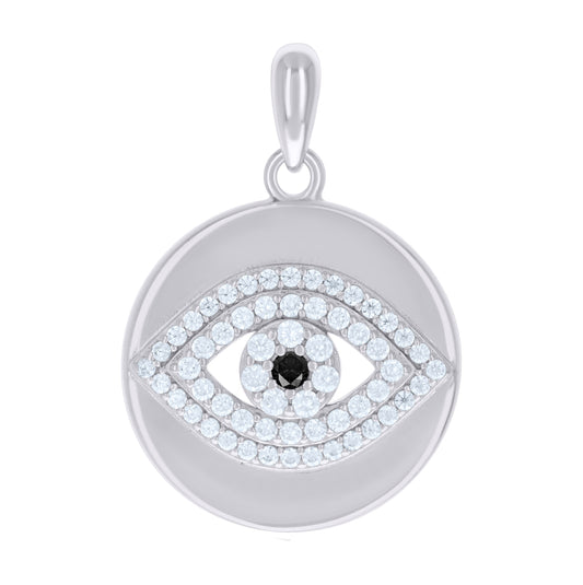 Sterling Silver Mens Black White Cubic-Zirconia Evil Eye Good Luck Charm Pendant