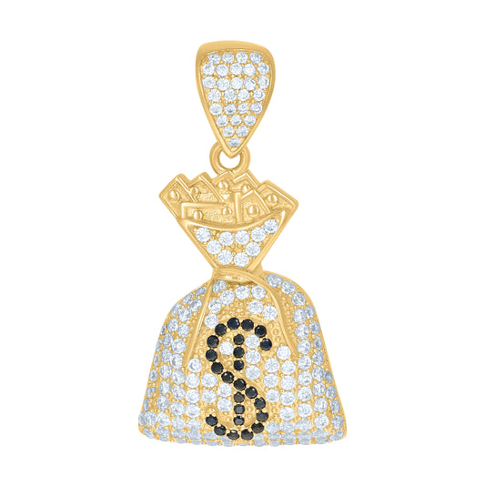 10K Yellow Gold Mens Black White Cubic-Zirconia Money Bag Currency Charm Pendant