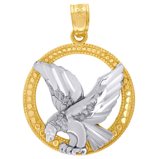 10K Two-Tone Gold Mens Diamond-Cut Textured Flying Eagle Bird Charm Pendant