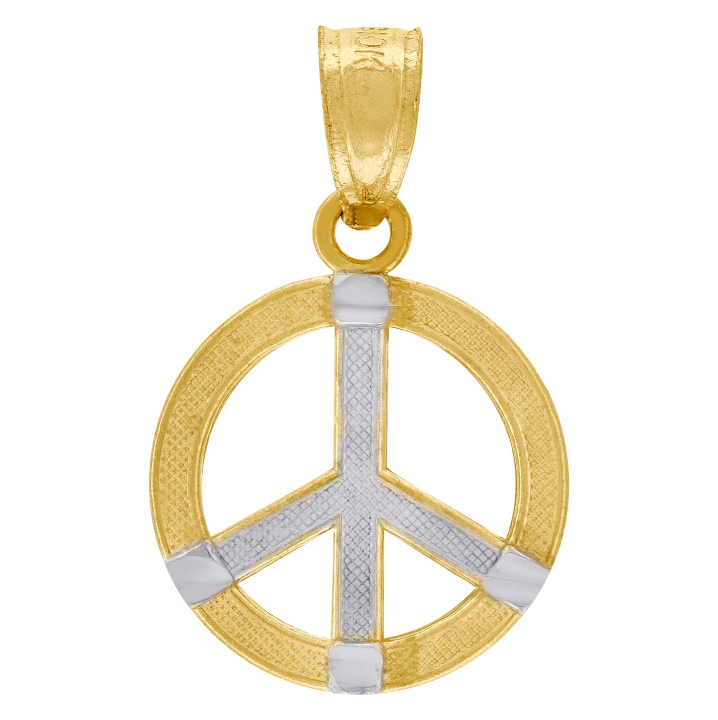 10K Two-Tone Gold Unisex Textured Peace Sign Charm Pendant