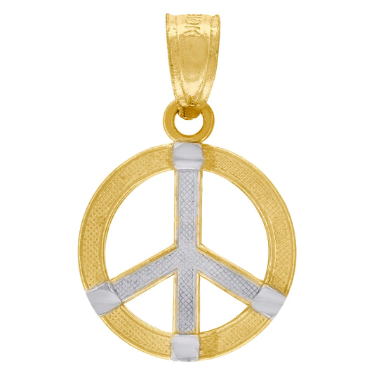 10K Two-Tone Gold Unisex Textured Peace Sign Charm Pendant