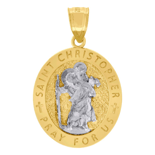 10K Two-Tone Gold Unisex Textured Saint Christopher Pray For Us Religious Charm Pendant