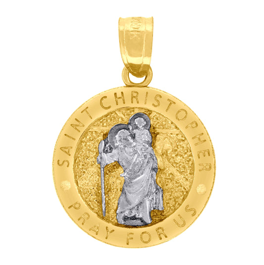 10K Two-Tone Gold Unisex Textured Saint Christopher Pray For Us Religious Charm Pendant