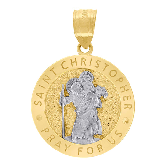 10K Two-Tone Gold Unisex Textured Saint Christopher Pray For Us Religious Charm Pendant