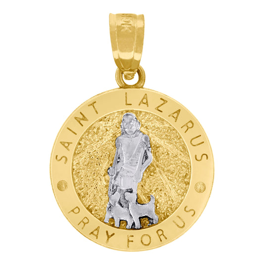10K Two-Tone Gold Unisex Textured Saint Lazarus Pray For Us Religious Charm Pendant