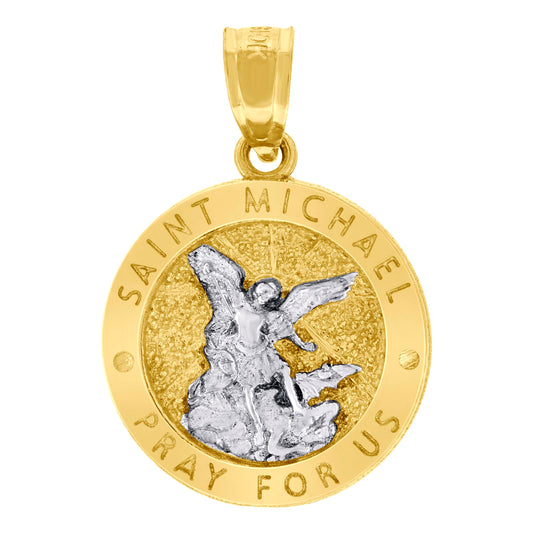 10K Two-Tone Gold Unisex Textured Saint Michael Pray For Us Religious Charm Pendant