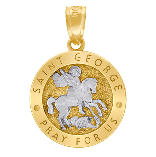 10K Two-Tone Gold Unisex Textured Saint George Pray For Us Religious Charm Pendant
