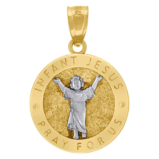 10K Two-Tone Gold Unisex Textured Infant Jesus Pray For Us Religious Charm Pendant