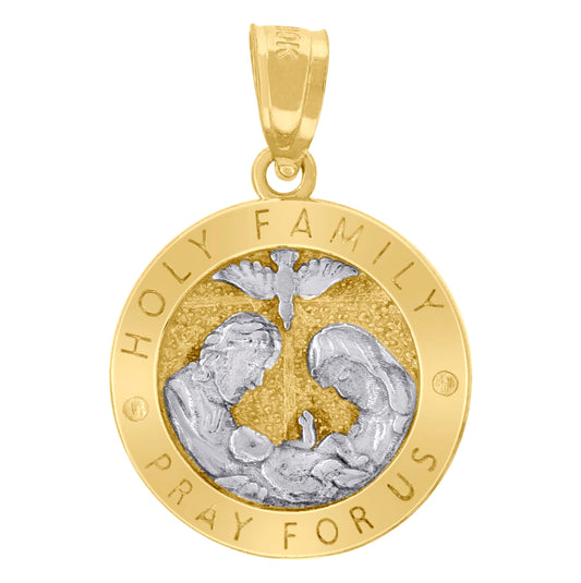 10K Two-Tone Gold Unisex Textured Holy Family Pray For Us Religious Charm Pendant