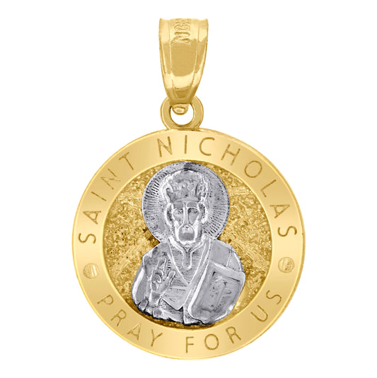 10K Two-Tone Gold Unisex Textured Saint Nicholas Pray For Us Religious Charm Pendant