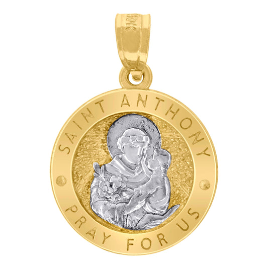 10K Two-Tone Gold Unisex Textured Saint Anthony Pray For Us Religious Charm Pendant