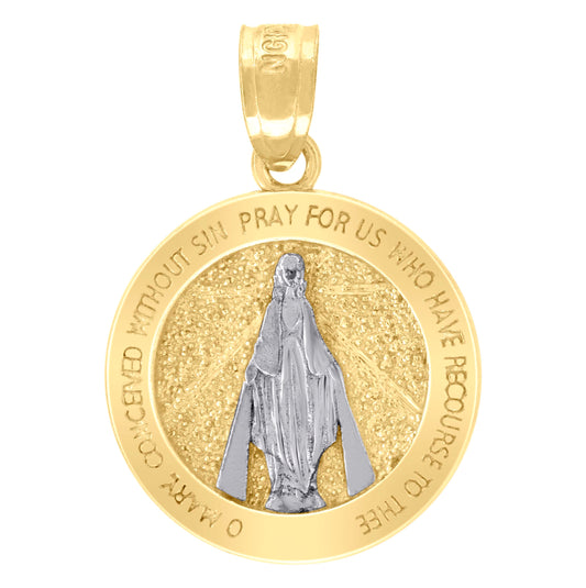 10K Two-Tone Gold Unisex Textured O Mary Pray For Us Religious Charm Pendant
