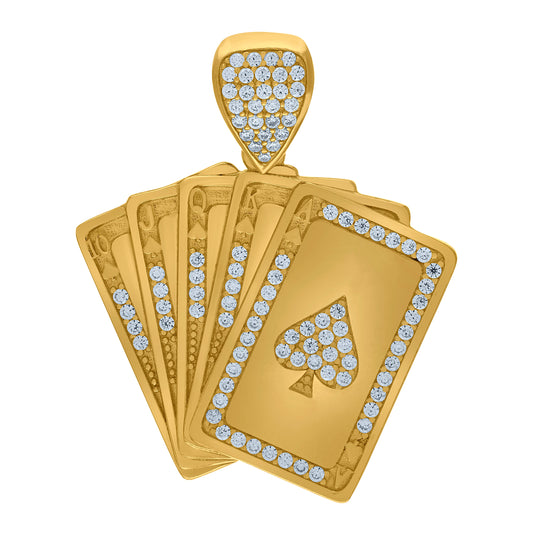 10K Yellow Gold Mens Cubic Zirconia Royal Flush Cards Charm Pendant