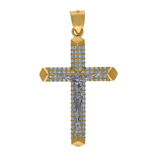 10K Two-Tone Gold Men Cubic-Zirconia Religious Crucifix Pendant