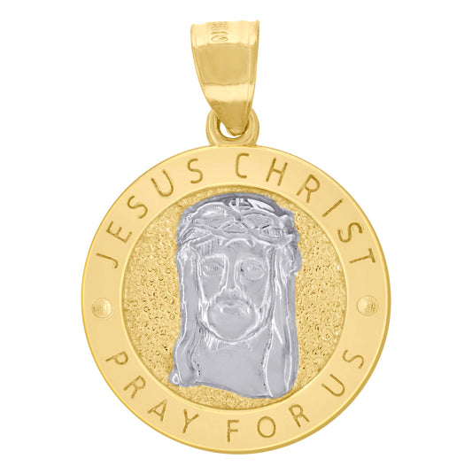 10K Two-Tone Gold Mens Textured Jesus Pray For Us Religious Charm Pendant