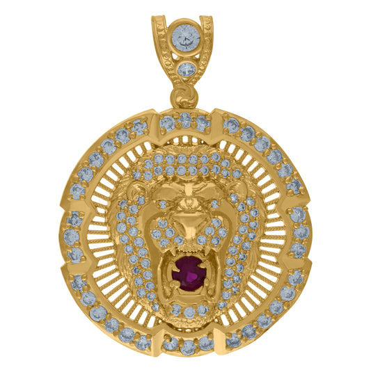 10K Yellow Gold Mens White Pink Cubic Zirconia Zodiac Sign Leo Lion Head Charm Pendant