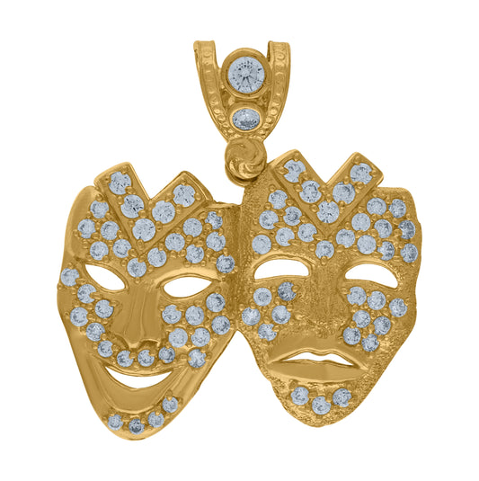 10K Yellow Gold Mens Cubic Zirconia Comedy Tragedy Mask Fashion Charm Pendant