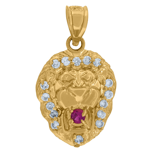 10K Yellow Gold Mens White Pink Cubic Zirconia Zodiac Sign Leo Lion Head Charm Pendant