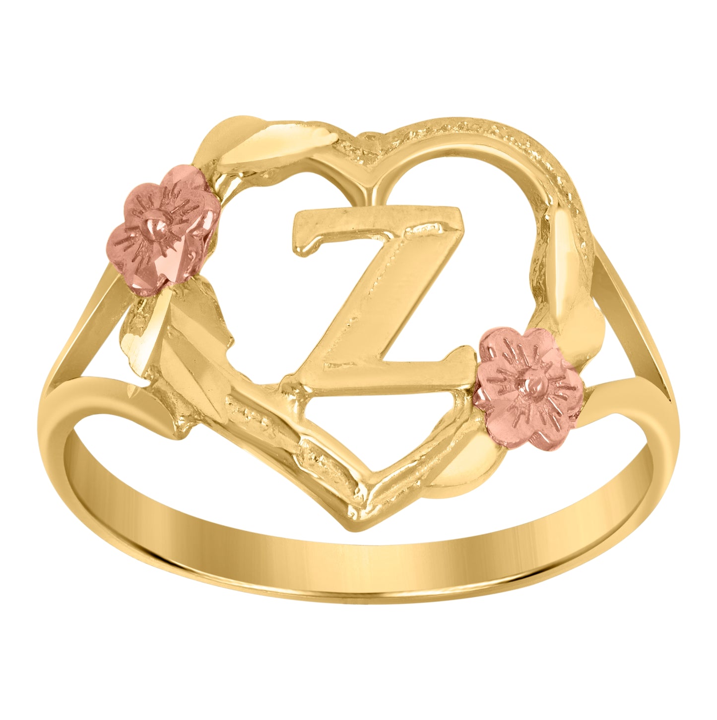 10K Two-Tone Gold Womens Diamond Cut Textured Initial Letter Heart Bridal Anniversary Engagement Wedding Band Ring