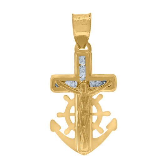 10K Yellow Gold Unisex Cubic Zirconia Cubic-Zirconia Anchor Crucifix Cross Religious Charm Pendant